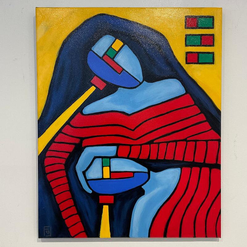 Abstract painting with red, blue, and yellow elements on a white wall