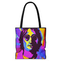 Tote bag with a colorful portrait design on a white background