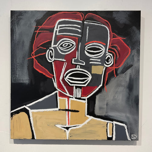 Abstract artwork with geometric shapes and bold colors on a dark background