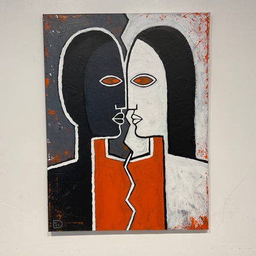 Abstract artwork of two faces kissing with black, white, and orange colors on a beige background.