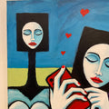 Abstract painting of a face with red lips and black hair, interacting with another face on a blue background.