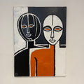 Abstract artwork with two stylized faces on a white background