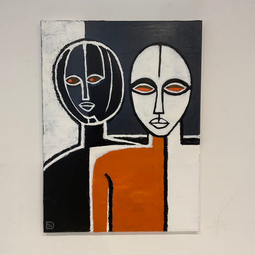Abstract artwork with two stylized faces on a white background