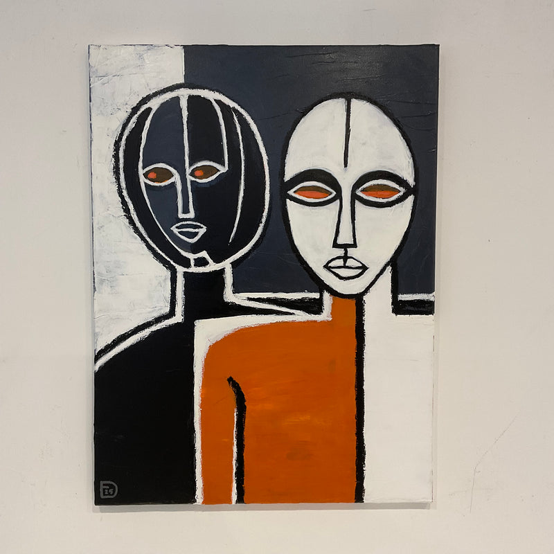 Abstract artwork with two stylized faces on a white background