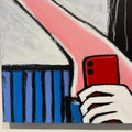 Abstract painting of a hand holding a red phone with geometric shapes in the background