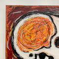Abstract painting with swirling orange, black, and white colors on a textured surface.