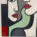 Abstract artwork with geometric shapes and red lips on a white background