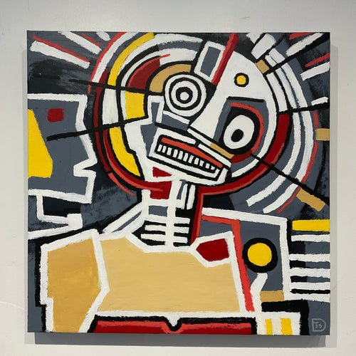 Abstract artwork with geometric shapes and bold colors on a gray background