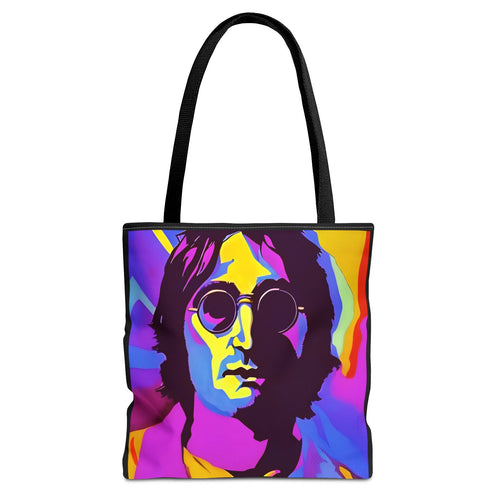 Tote bag with a colorful portrait design on a white background