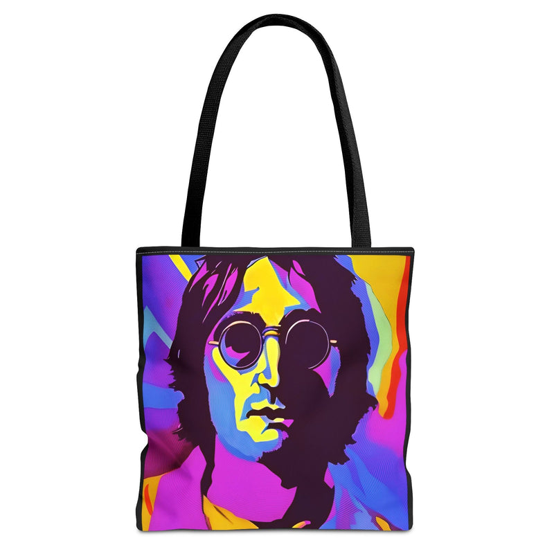 Tote bag with a colorful portrait design on a white background