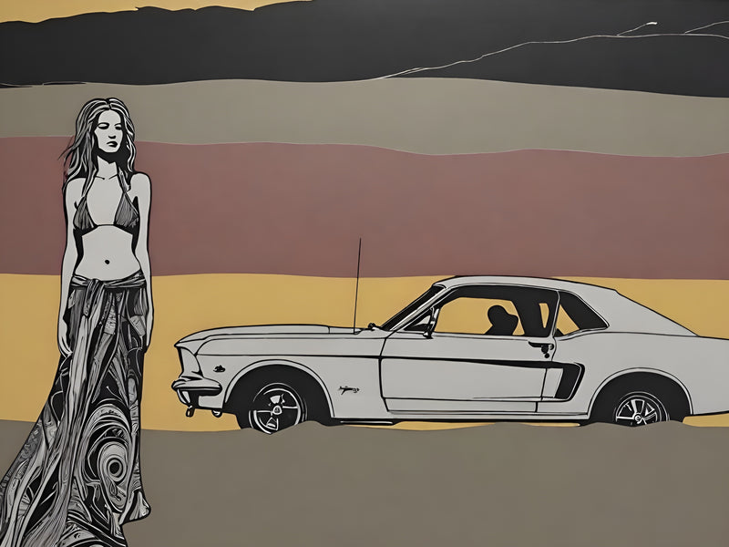 digital art image download in the style of pop art. This high definition image features a stunning hippie woman in a farm field, with a 1966 Ford Mustang as her backdrop. Instantly downloadable, with a versatile usage license - elevate any project with this exclusive and artistic addition.