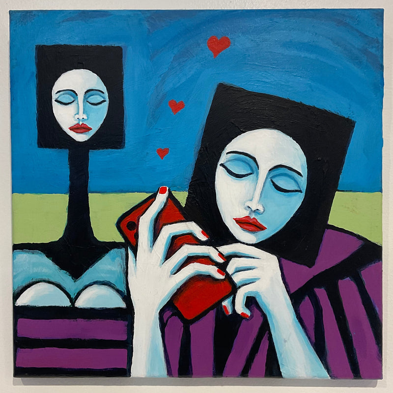 Abstract painting of a face and hands with geometric shapes on a beige background