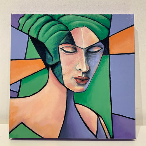 Abstract painting of a face with geometric shapes in green, blue, and orange on a beige background