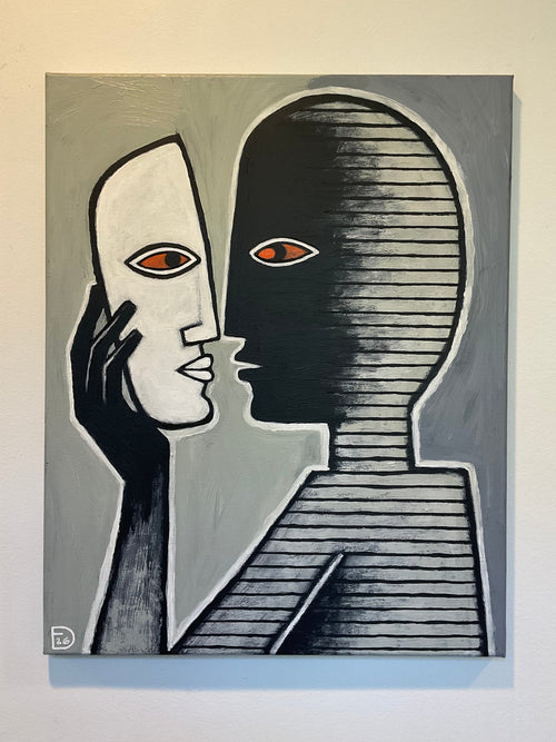 Abstract artwork of a hand holding a face with a drop of water, set against a gray background.