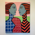 Abstract artwork with geometric patterns and two stylized faces.