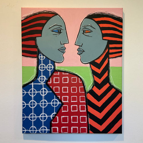 Abstract artwork with geometric patterns and two stylized faces.