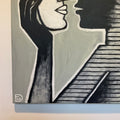 Abstract art piece with geometric shapes in black, white, and gray on a textured background.