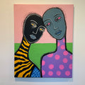 Abstract artwork with two stylized faces on a colorful background