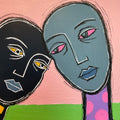 Abstract artwork with two stylized faces on a colorful background