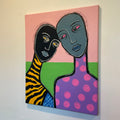 Abstract artwork with two stylized faces on a colorful background