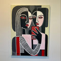Abstract painting of two figures holding a phone on a beige background