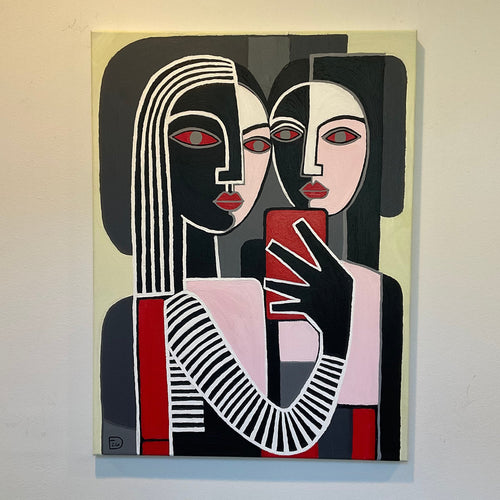 Abstract artwork with geometric shapes on a beige background