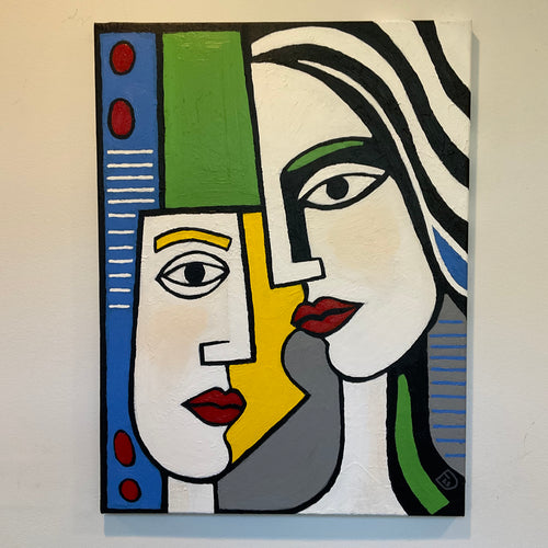 Abstract artwork with geometric shapes and colors on a beige background