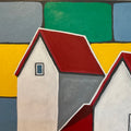 Abstract art with geometric shapes in various colors on a textured surface.