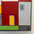 Abstract art piece with geometric shapes and bold colors on a white background