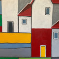 Abstract art piece with geometric shapes in red, yellow, blue, and gray.