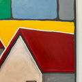 Abstract art with geometric shapes in red, yellow, blue, and gray on a white background