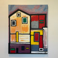 Abstract art piece with geometric shapes and bold colors on a white background