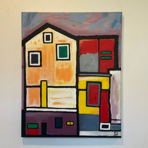 Abstract art piece with geometric shapes and bold colors on a white background