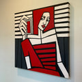 Abstract artwork with geometric shapes and a face-like design on a white background