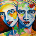 Colorful abstract painting of two faces with a heart above one of them.
