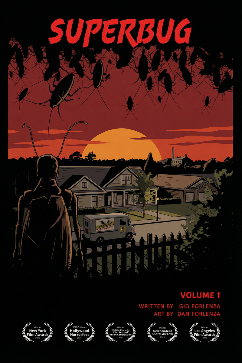 Poster of 'Superbug' with silhouette of a person and insects, set against a sunset sky.