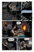Comic book page showing a person in a room with various actions and expressions.